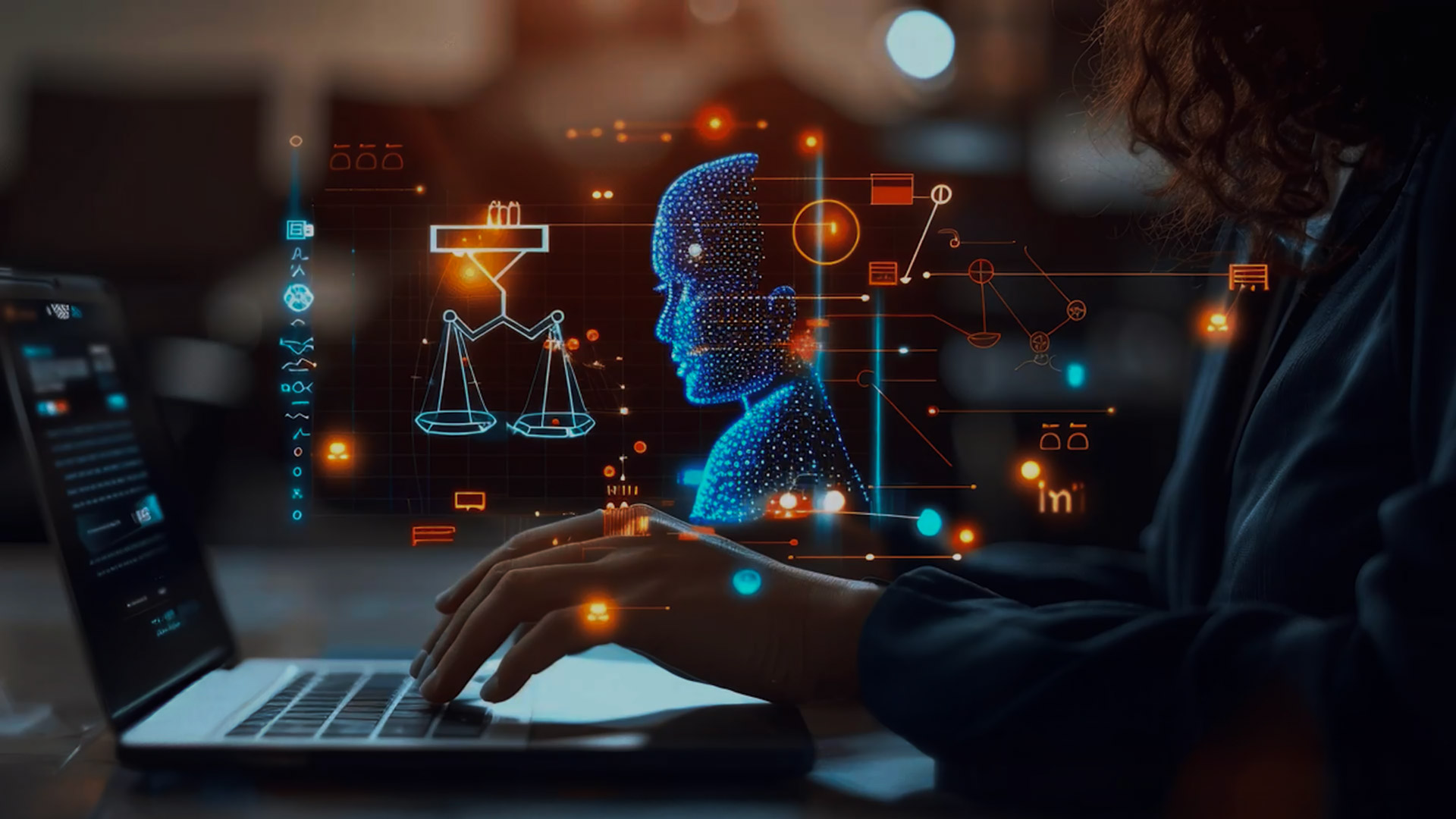 KI-Illustration: Ein Mensch sitzt an einem Laptop und tippt. Im Hintergrund sind Symbole für Netzwerk, Digitales und Synapsen zu sehen.